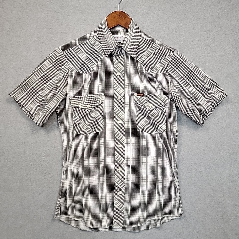 Vtg WRANGLER Pearl Snap Plaid Short Sleeve Shirt Black White Western USA Men's S